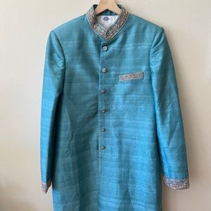 Men’s Blue Silk Dupioni Sherwani Suit Medium